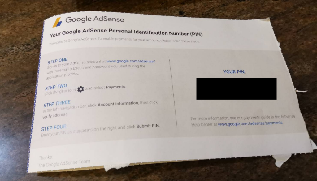 google adsense payment address direct mail pin