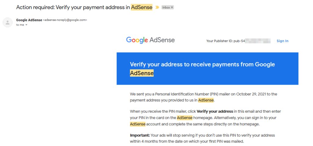 google adsense email action required
